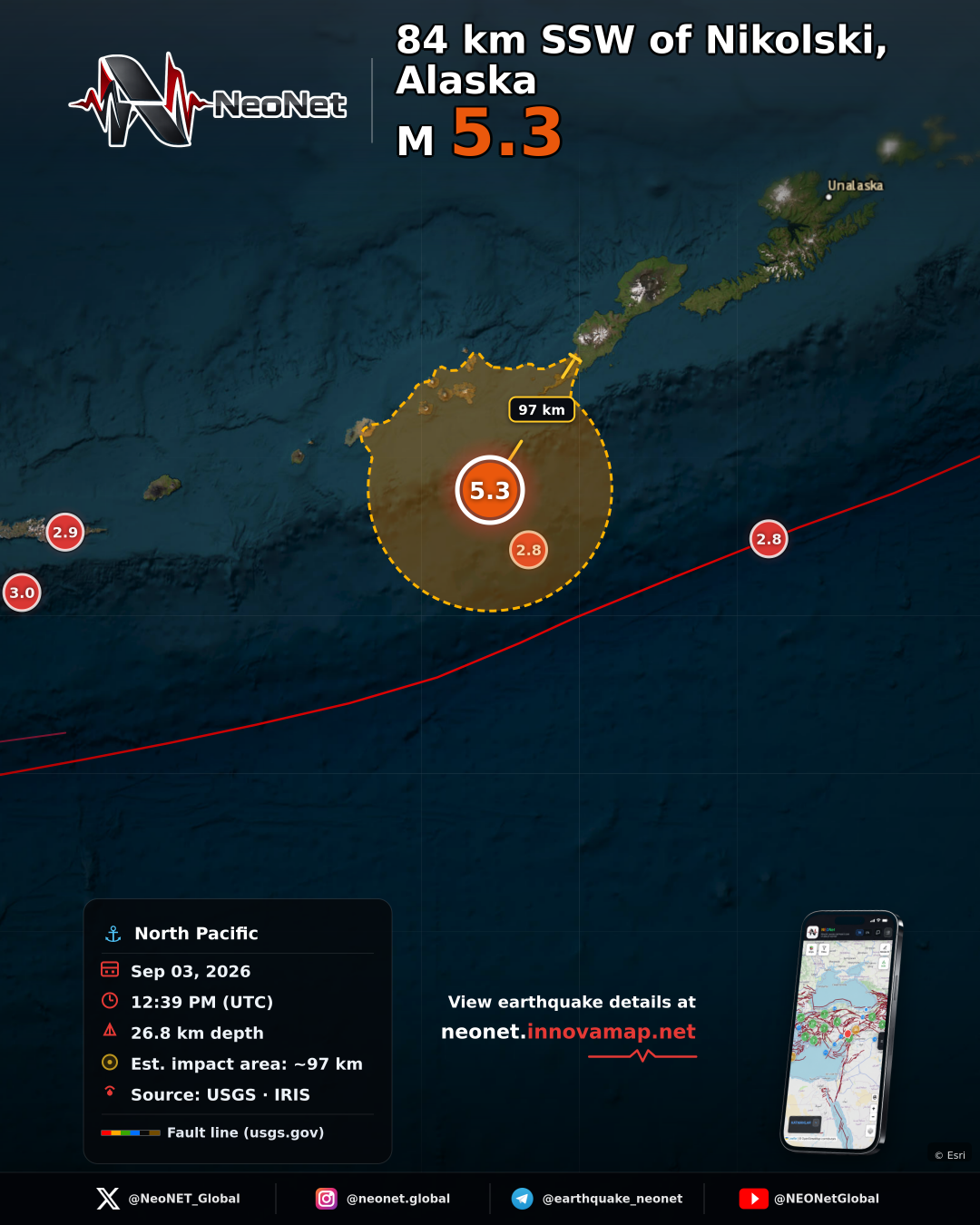 90 km SSW of Nikolski, Alaska