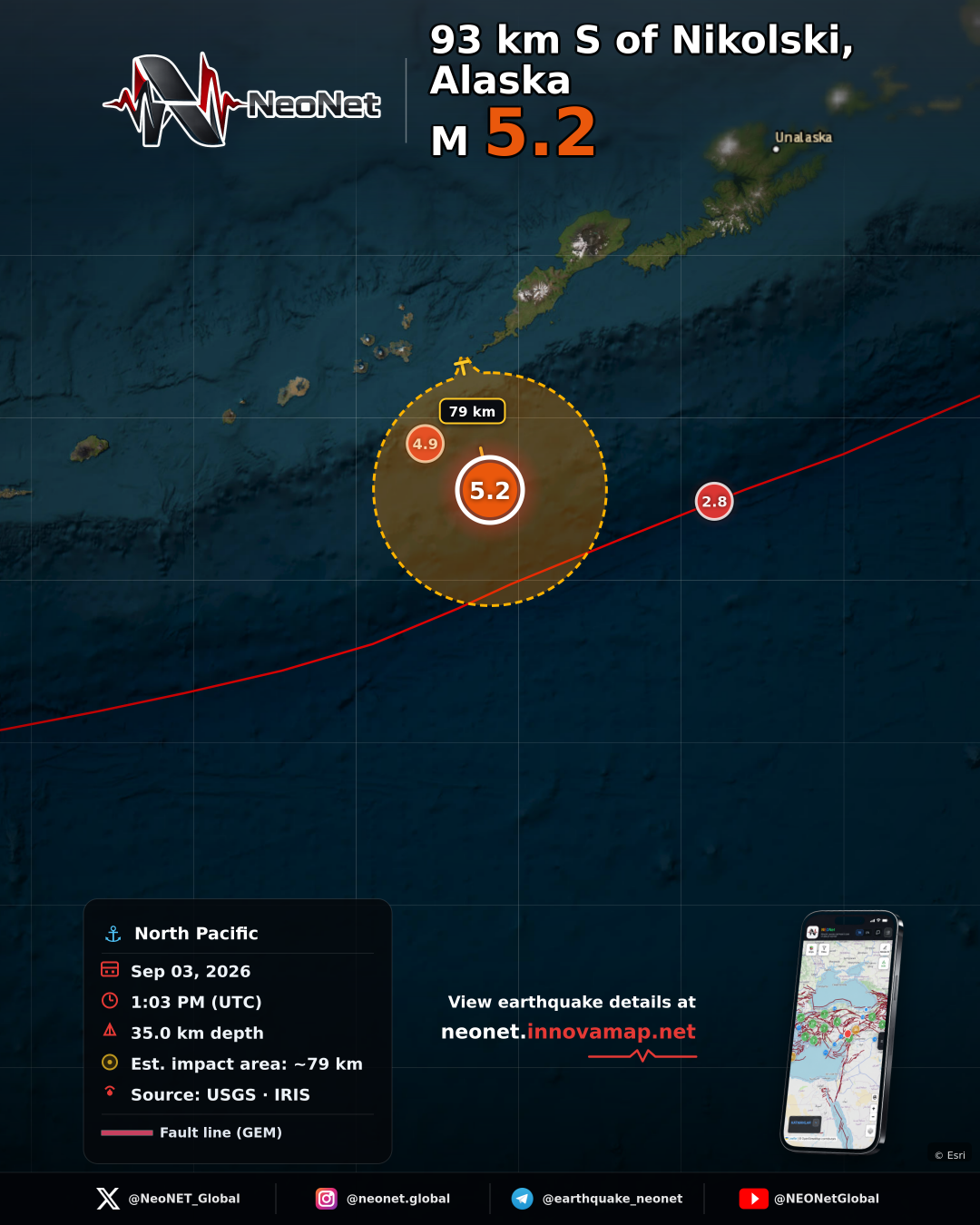 100 km SSW of Nikolski, Alaska