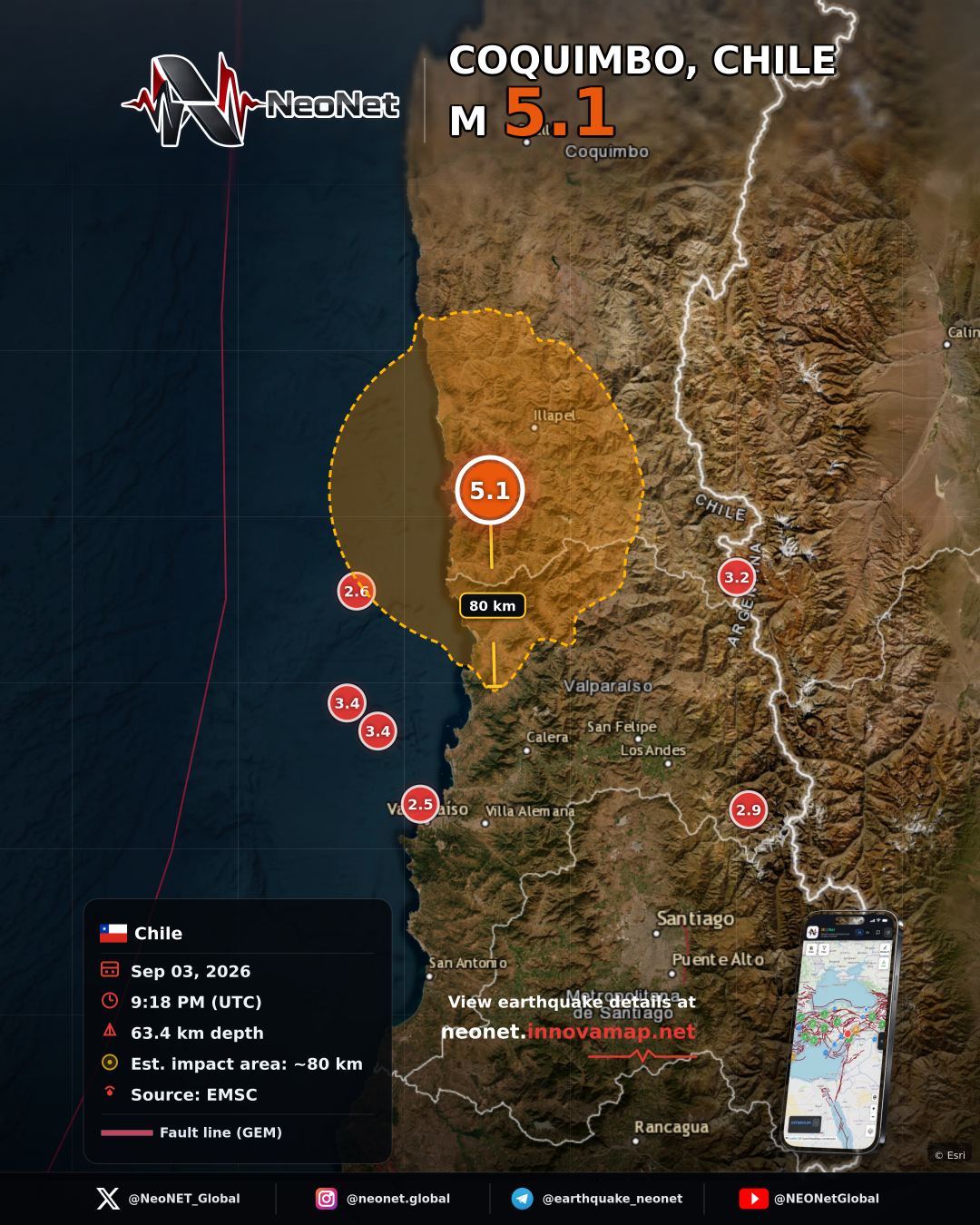 29 km WSW of Salamanca, Chile