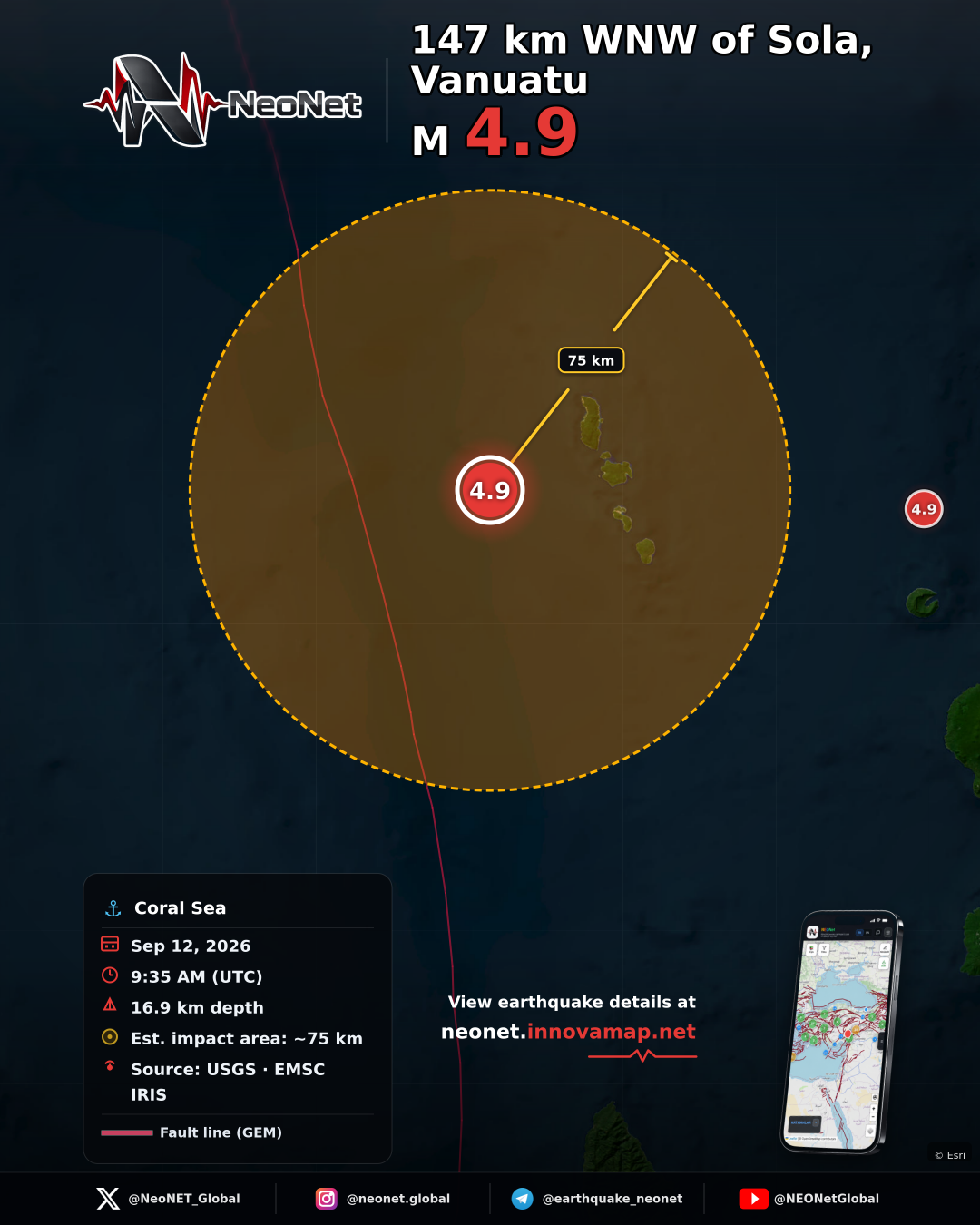 147 km WNW of Sola, Vanuatu