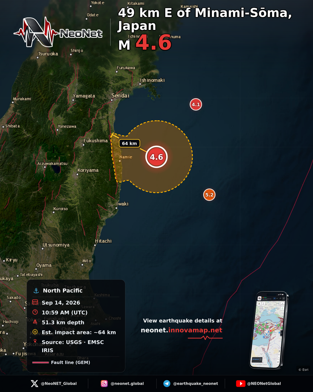 49 km E of Minami-Sōma, Japan