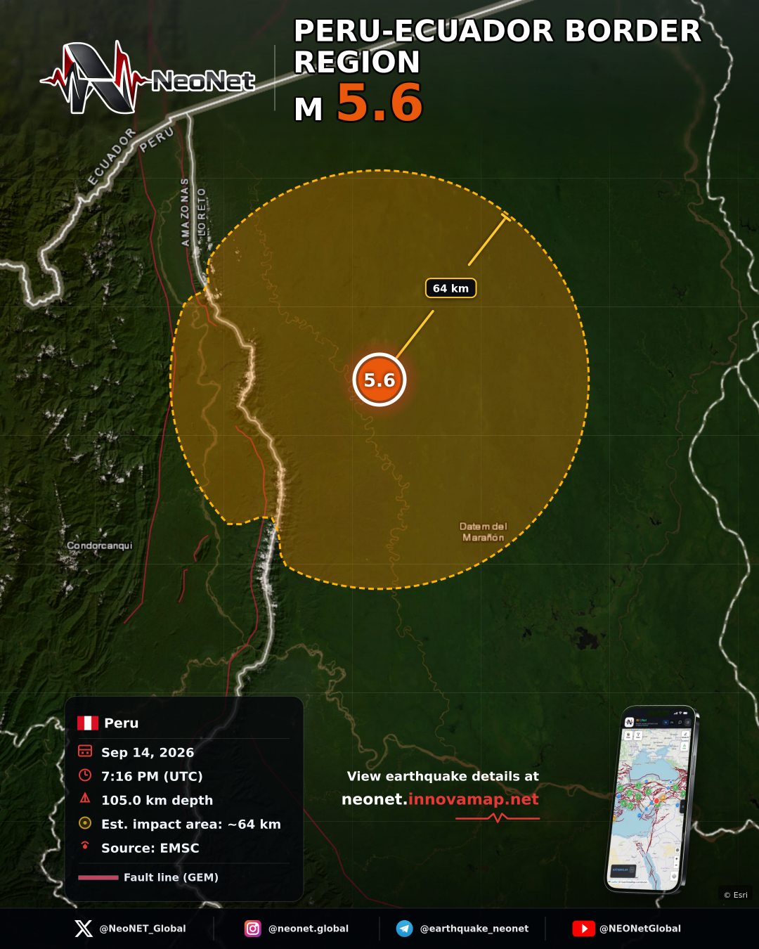 106 km WSW of Alianza Cristiana, Peru