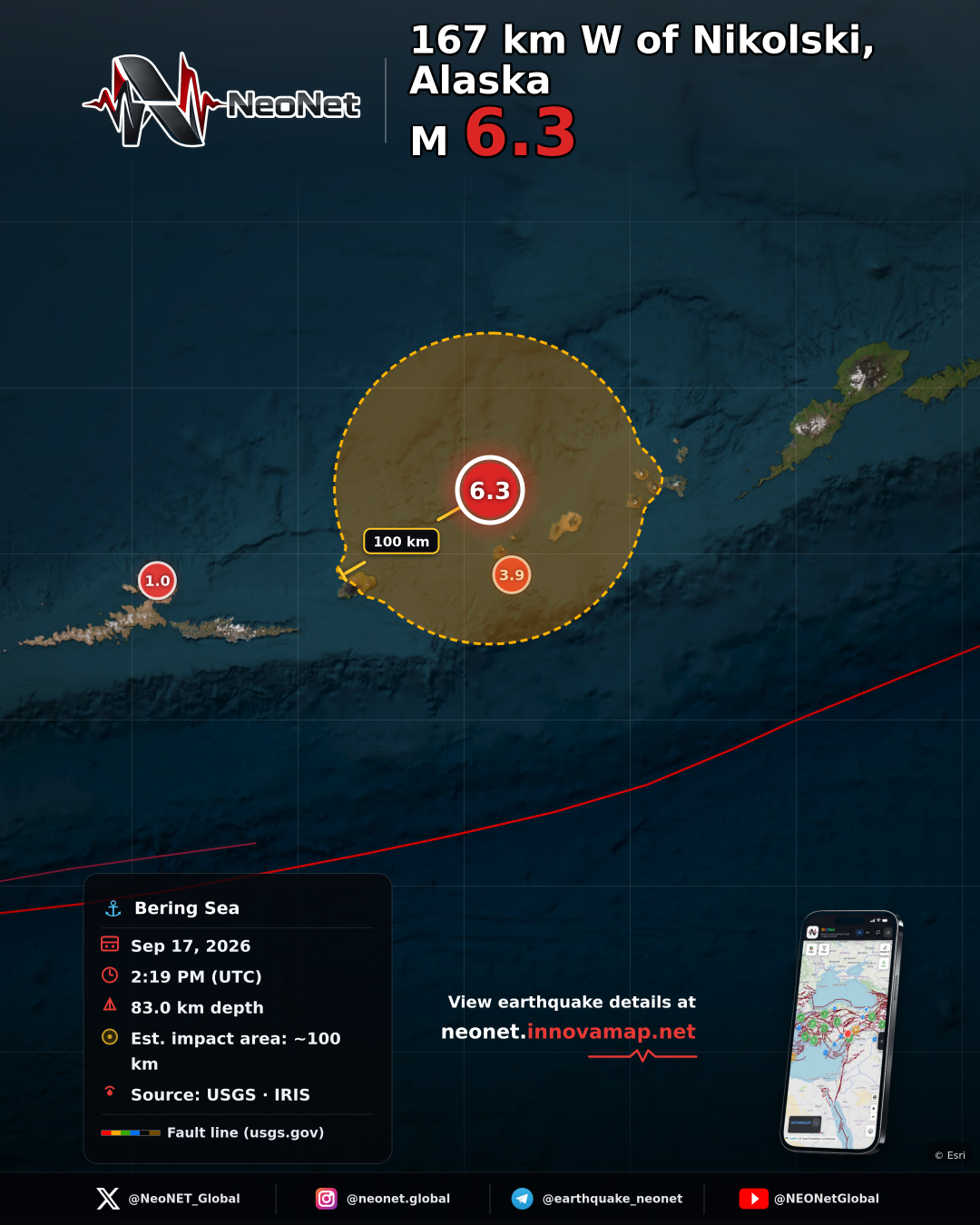 167 km W of Nikolski, Alaska