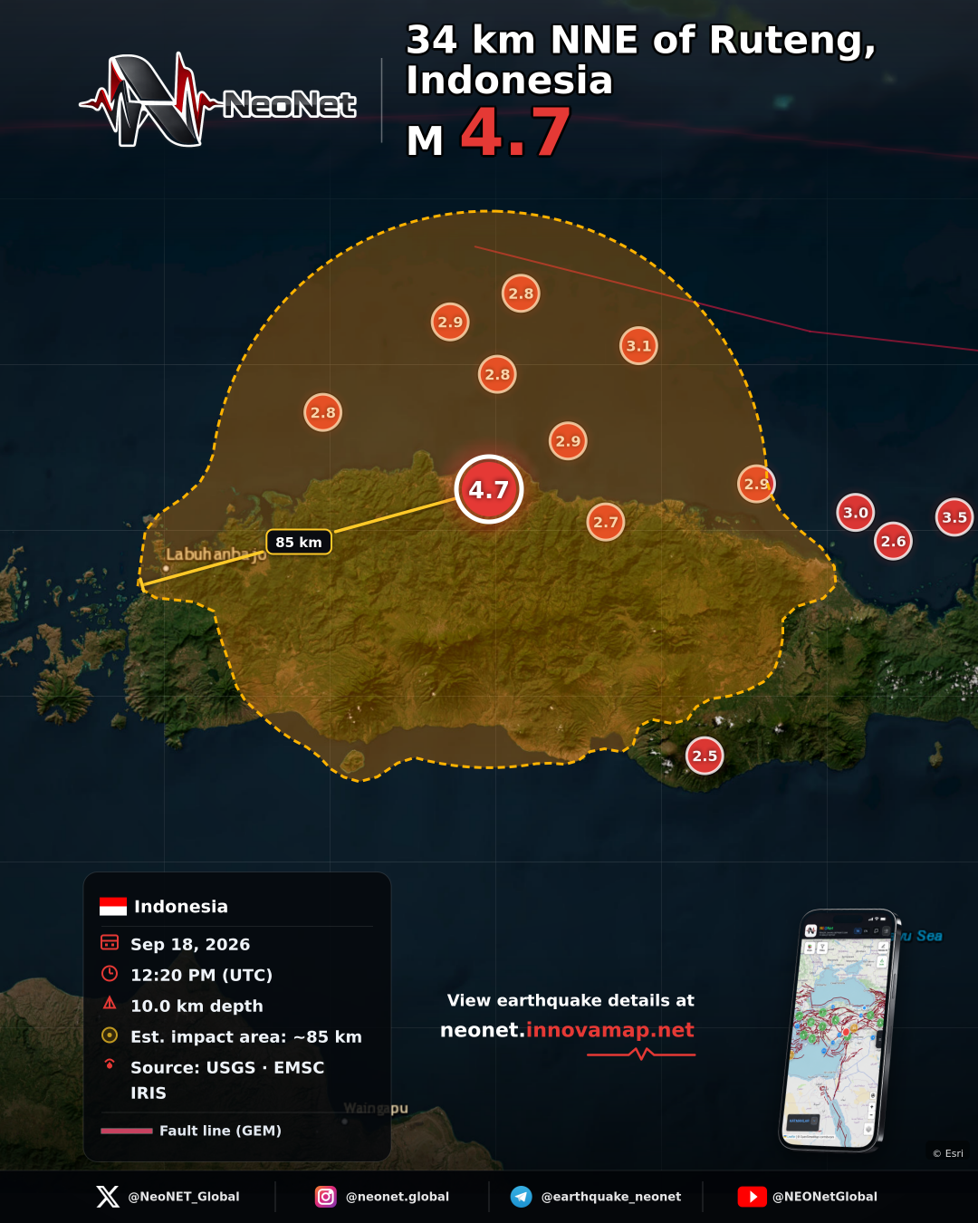 34 km NNE of Ruteng, Indonesia