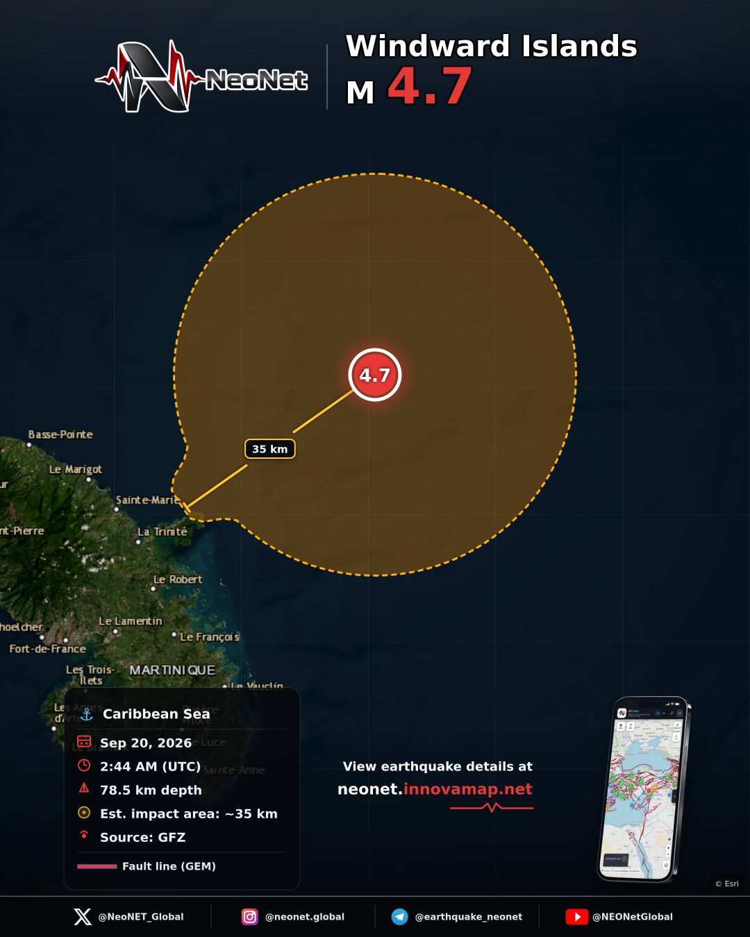 54 km ENE of Sainte-Marie, Martinique