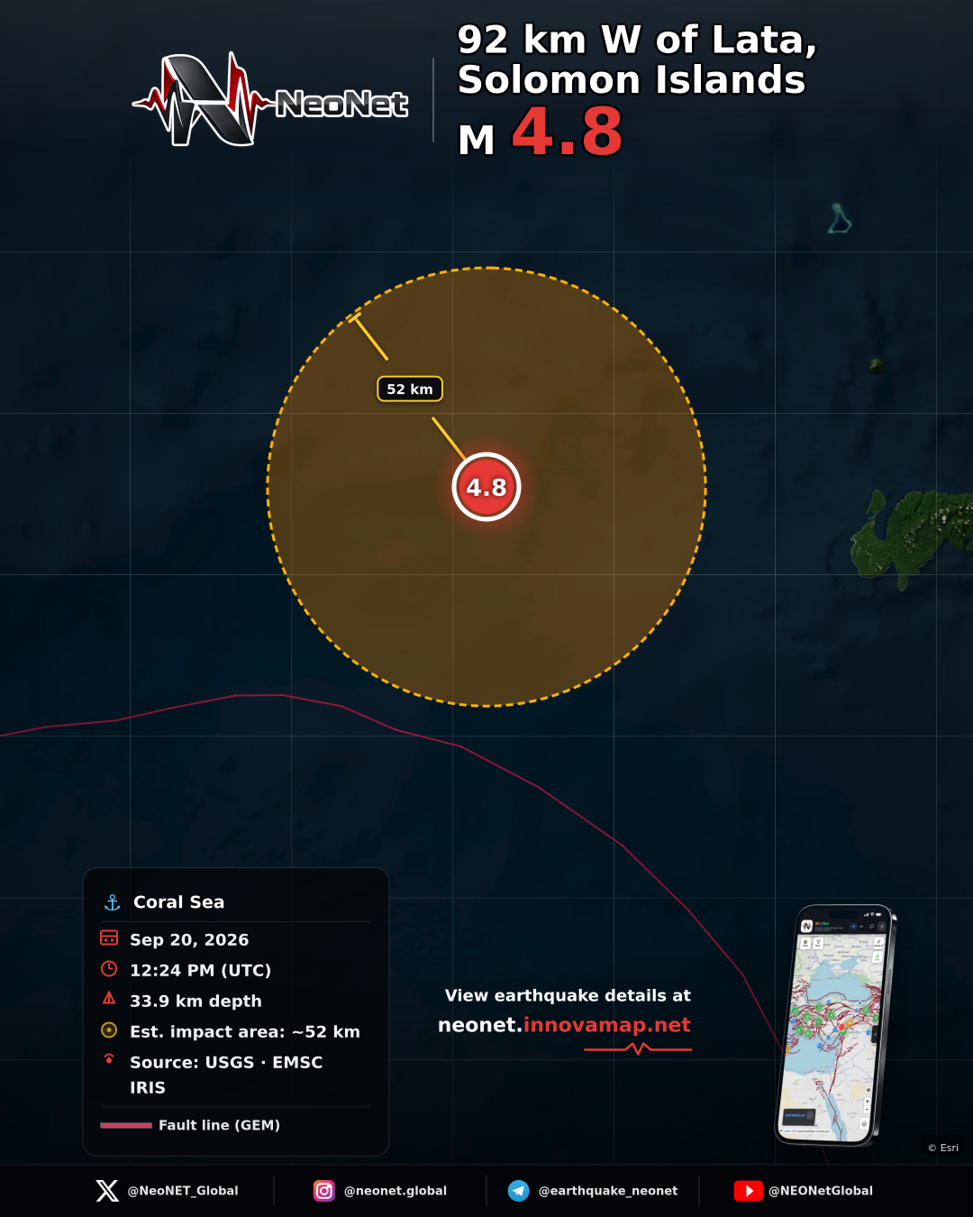 92 km W of Lata, Solomon Islands