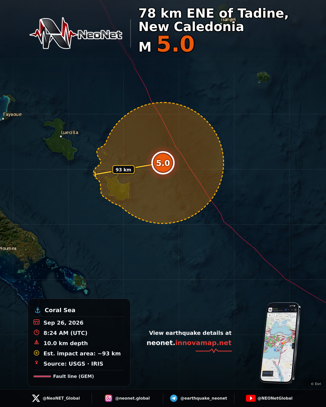 78 km ENE of Tadine, New Caledonia