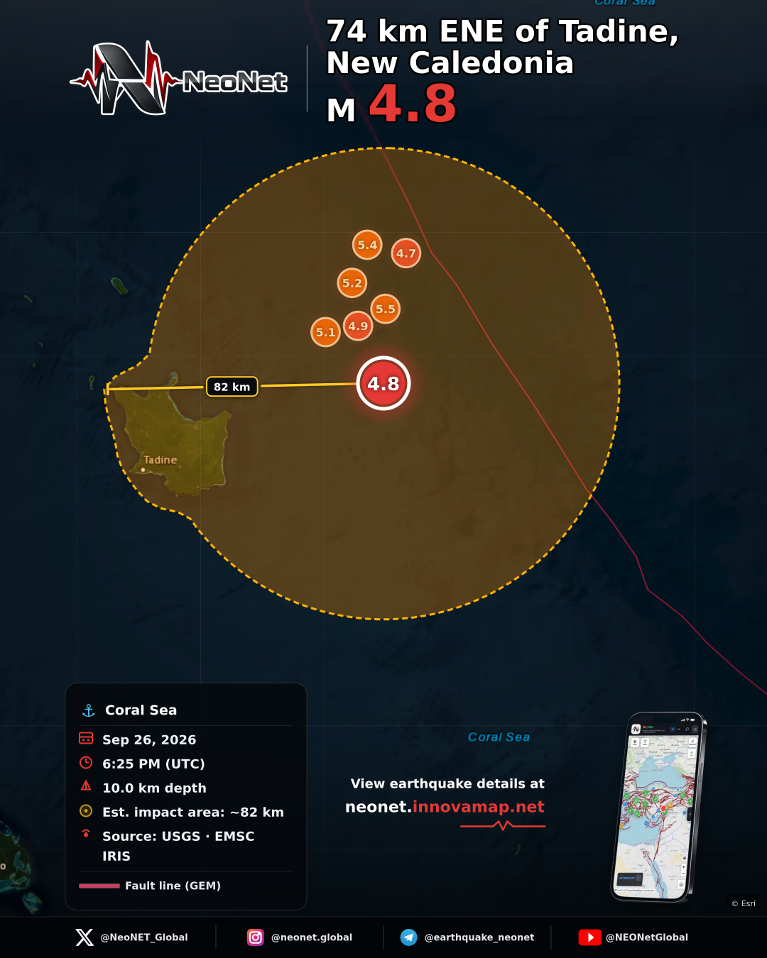 74 km ENE of Tadine, New Caledonia