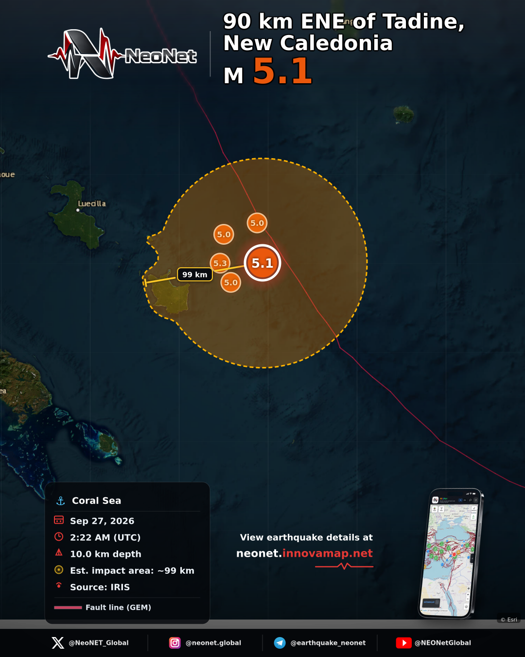 90 km ENE of Tadine, New Caledonia