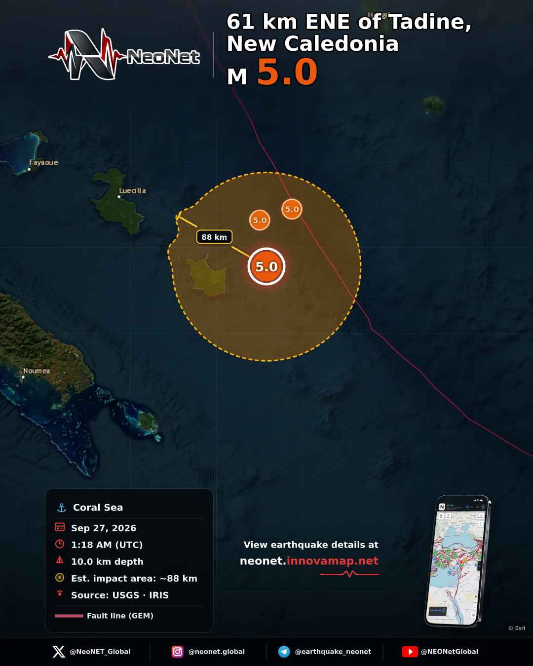 61 km ENE of Tadine, New Caledonia