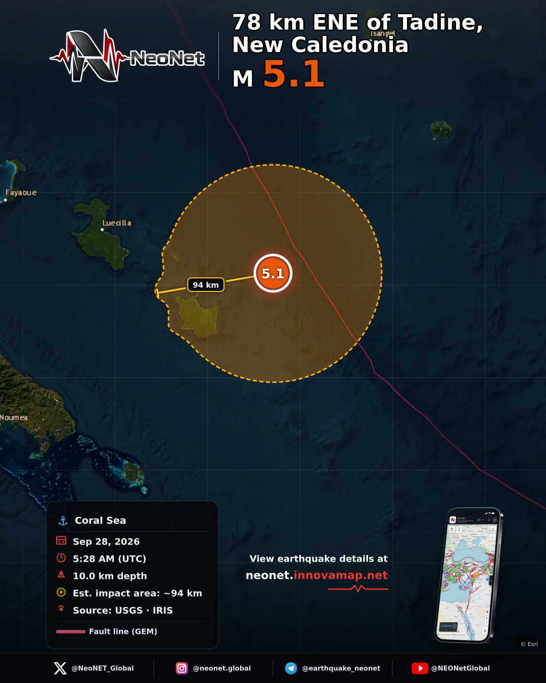 78 km ENE of Tadine, New Caledonia