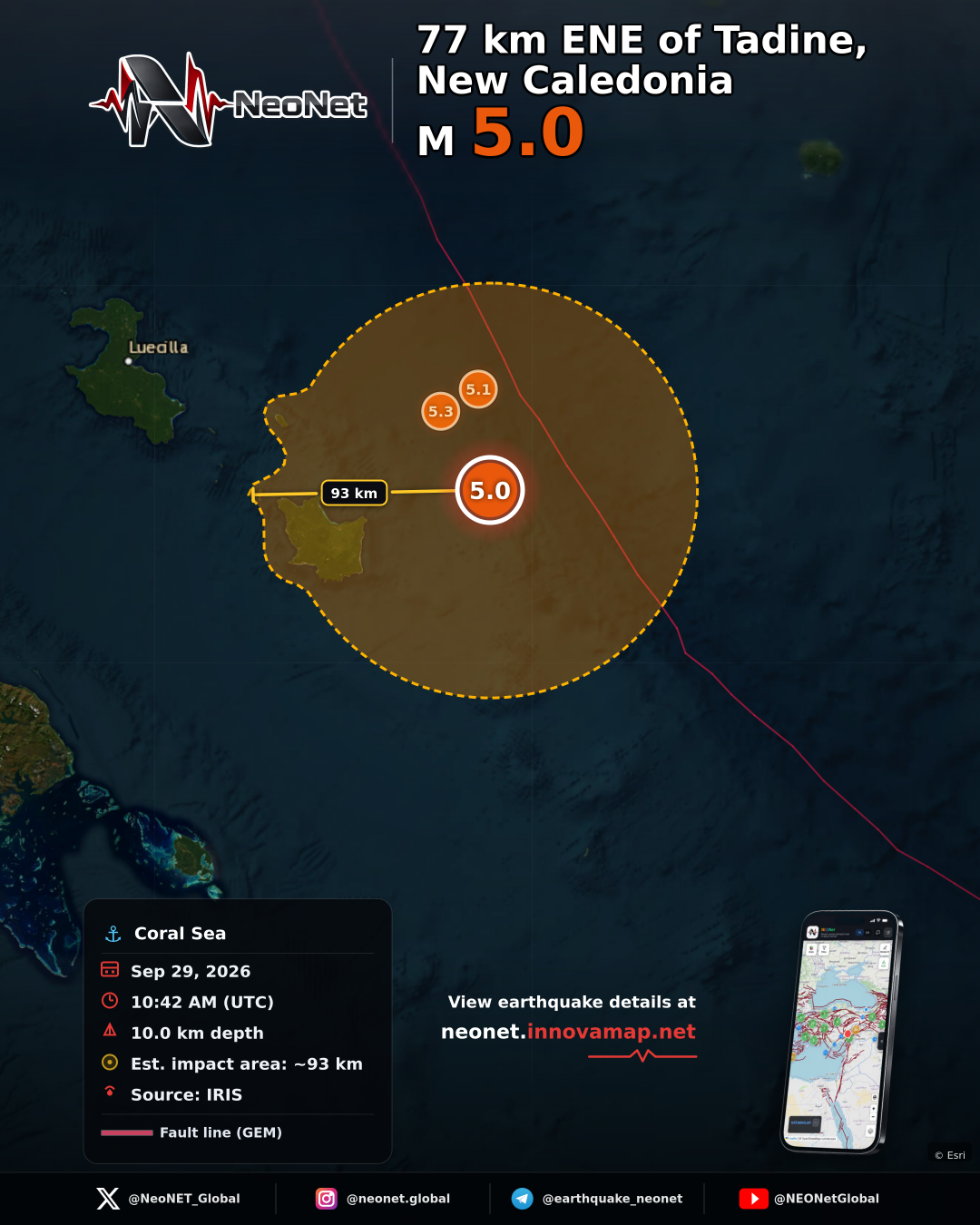 77 km ENE of Tadine, New Caledonia