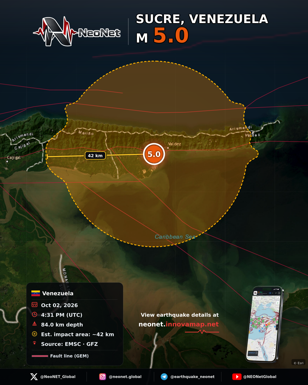 26 km SSW of Güiria, Venezuela