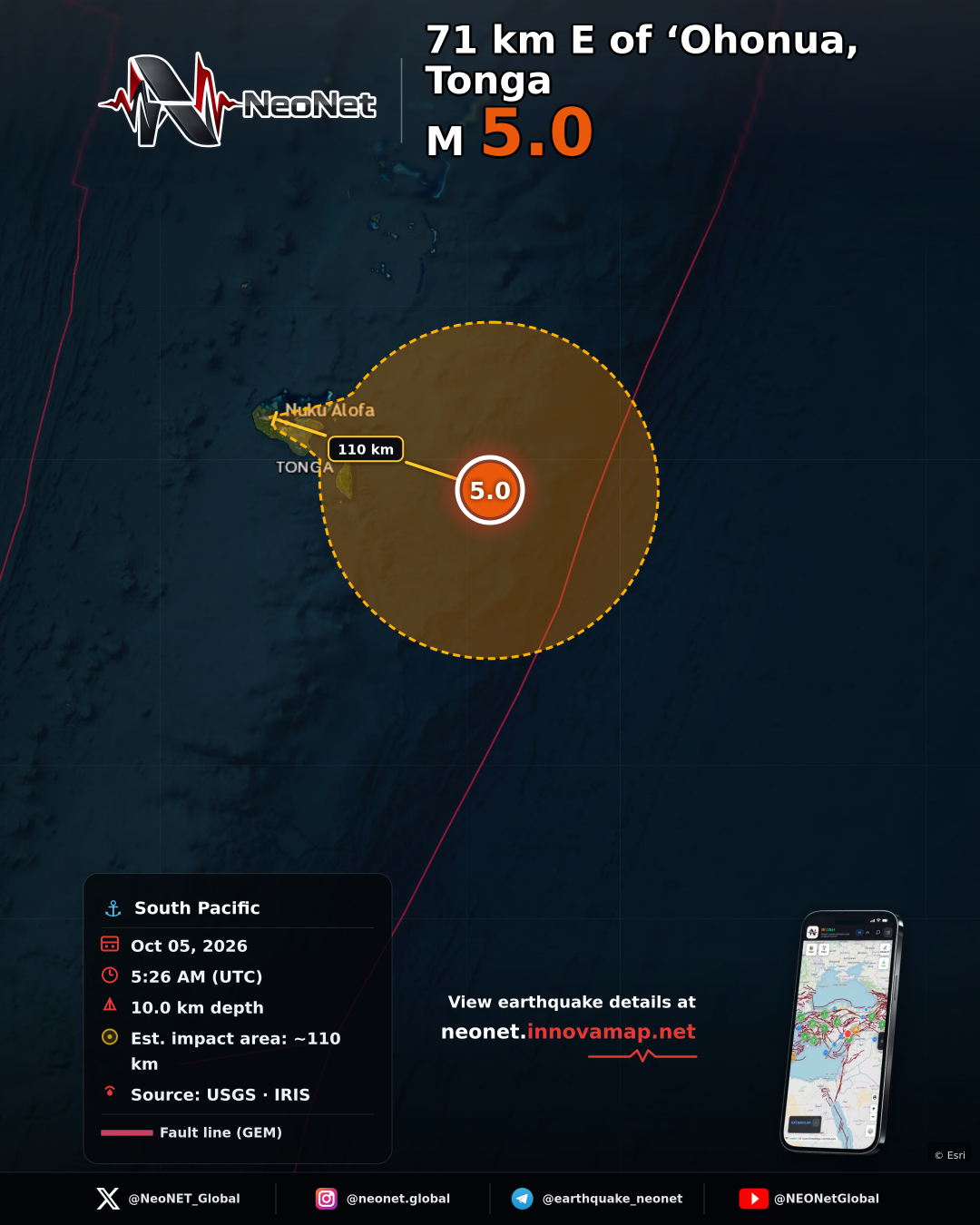 71 km E of ‘Ohonua, Tonga