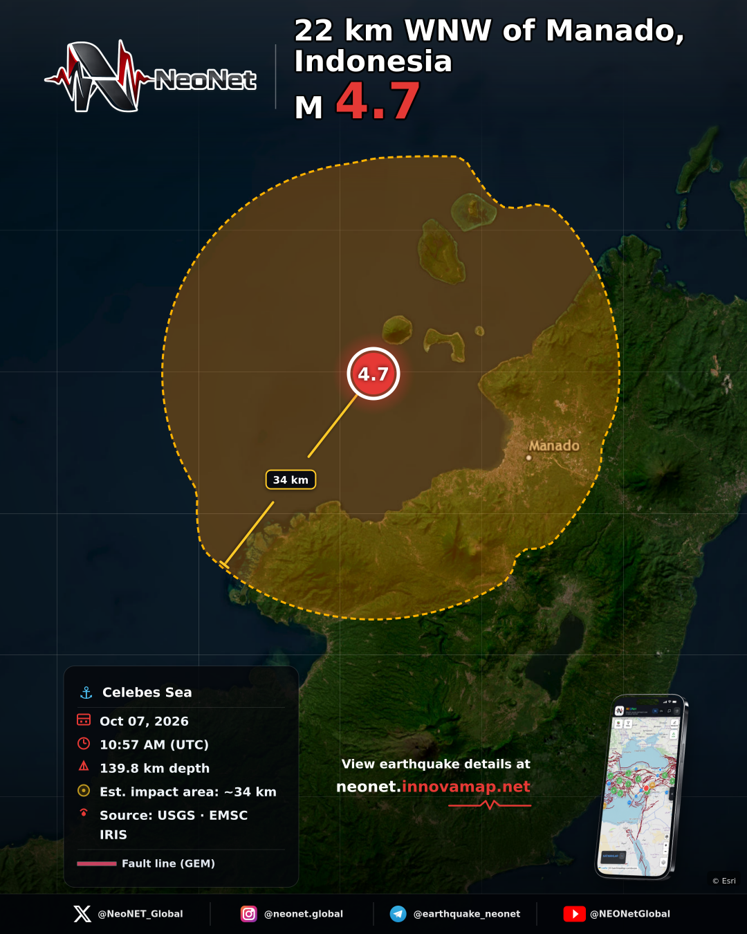22 km WNW of Manado, Indonesia