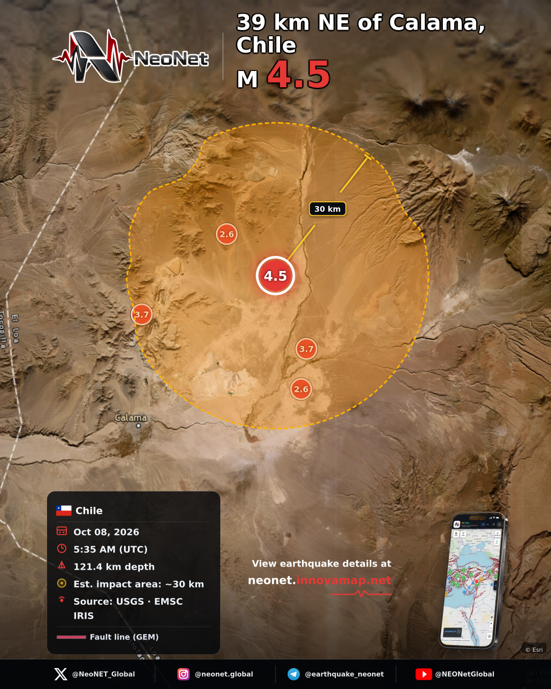 39 km NE of Calama, Chile