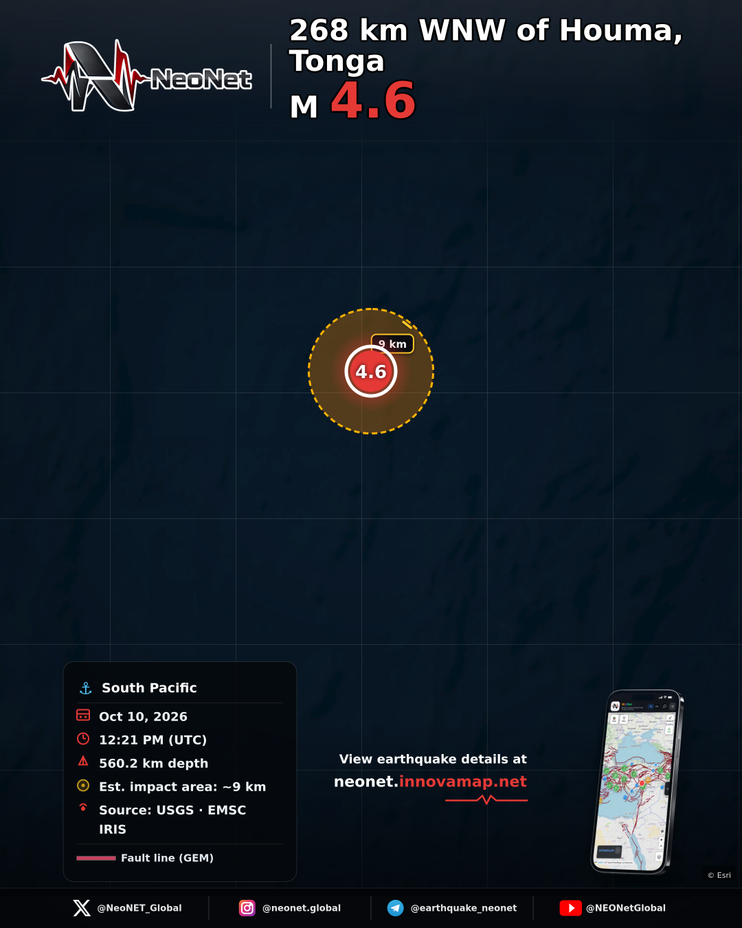268 km WNW of Houma, Tonga