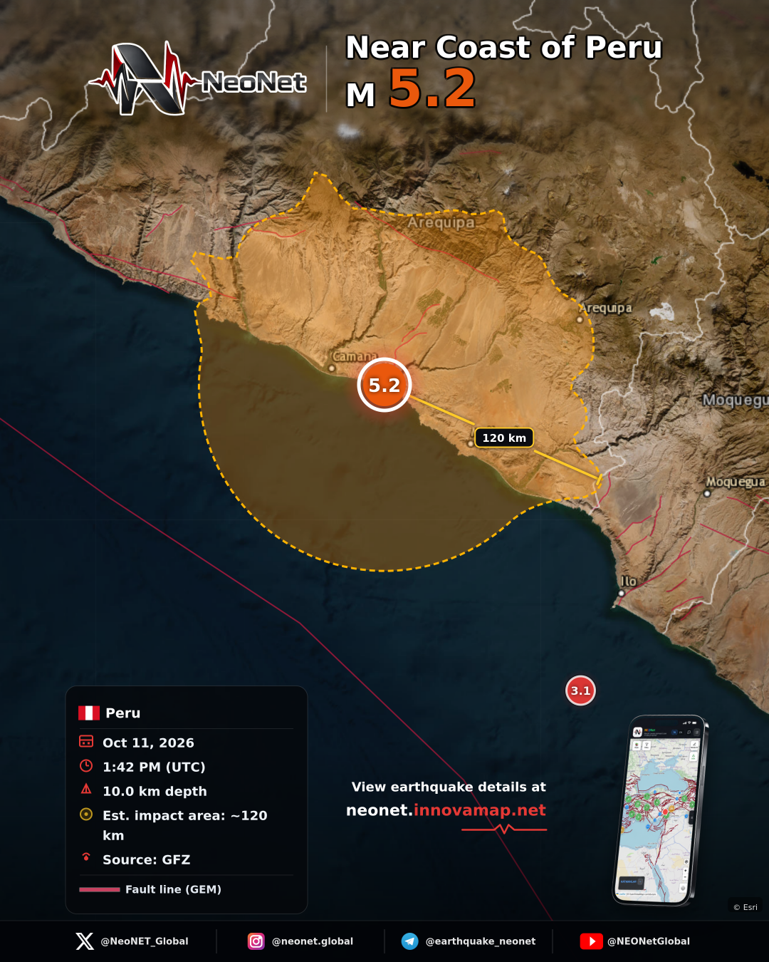 18 km SSE of Camaná, Peru