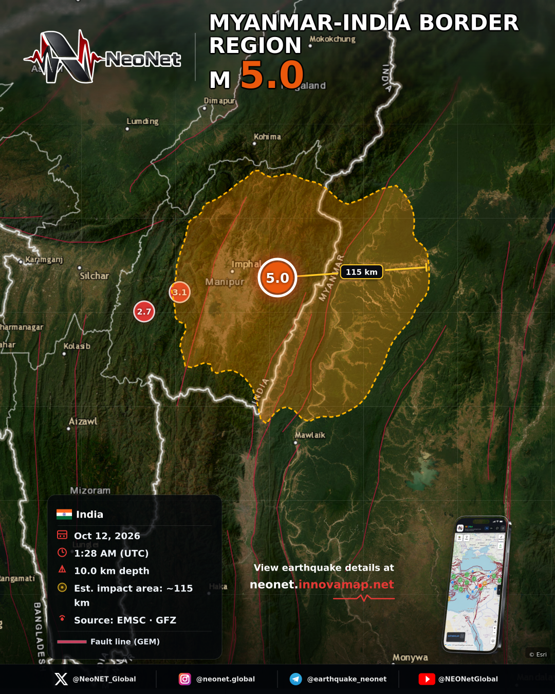 56 km E of Yairipok, India