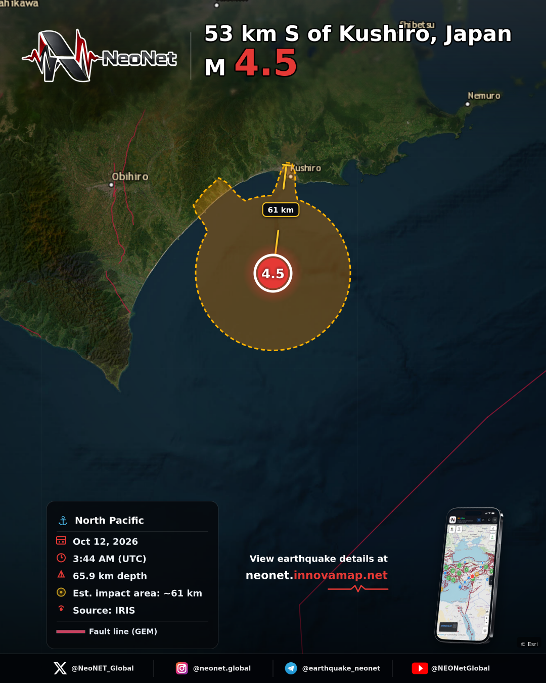 53 km S of Kushiro, Japan