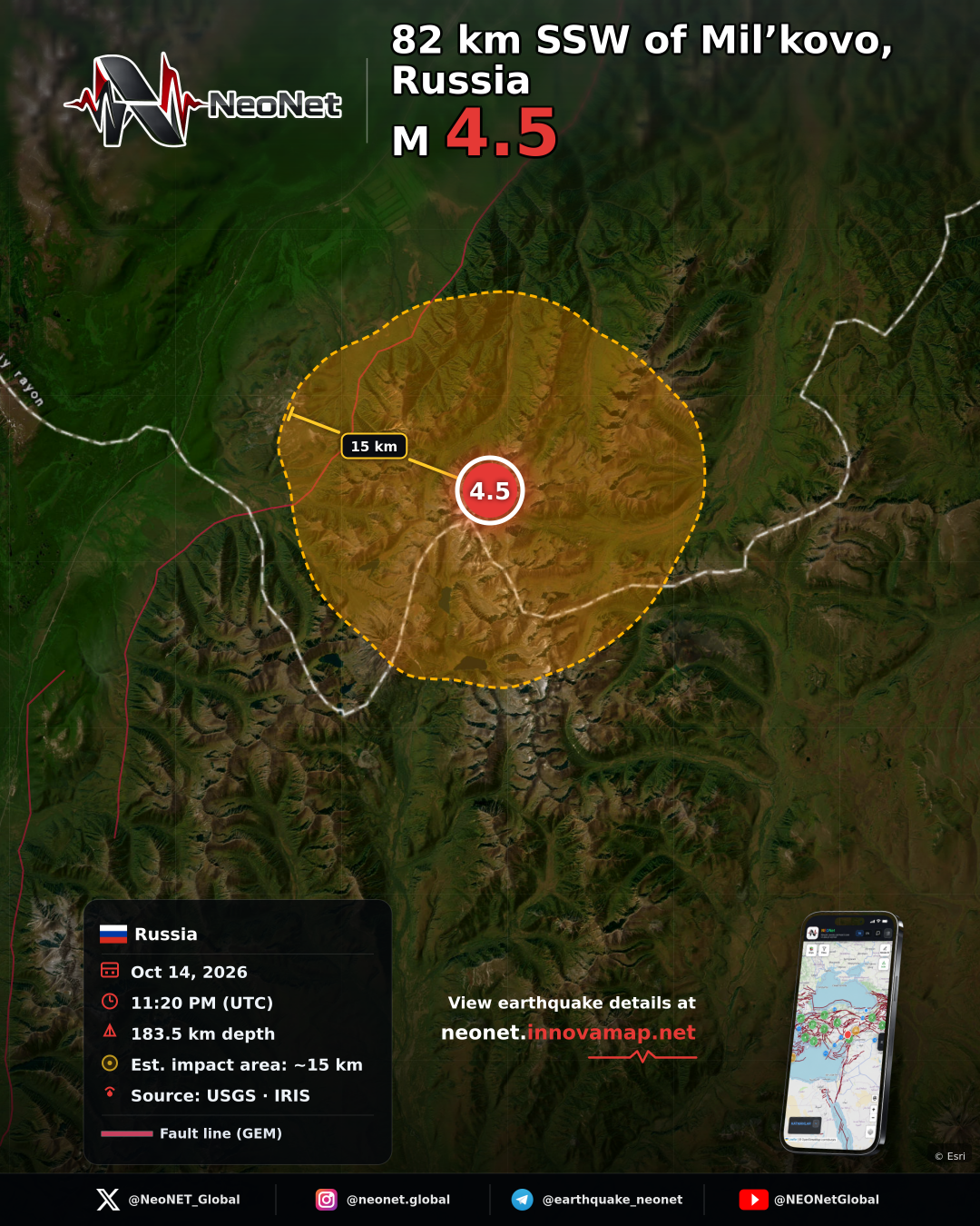 82 km SSW of Mil’kovo, Russia