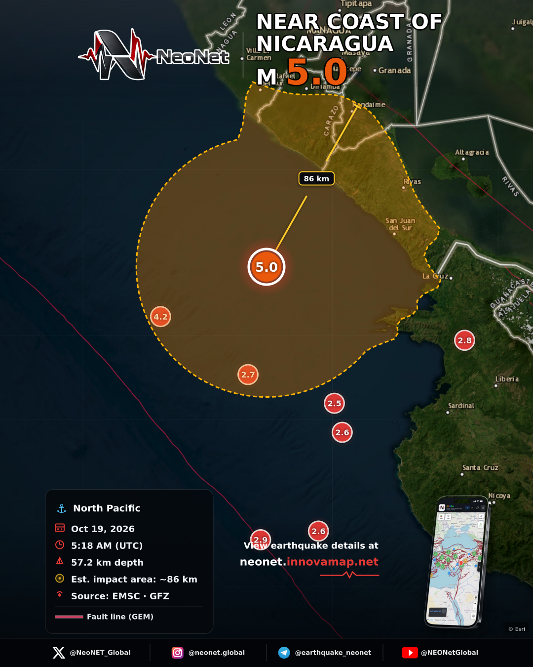 68 km WSW of San Juan del Sur, Nicaragua