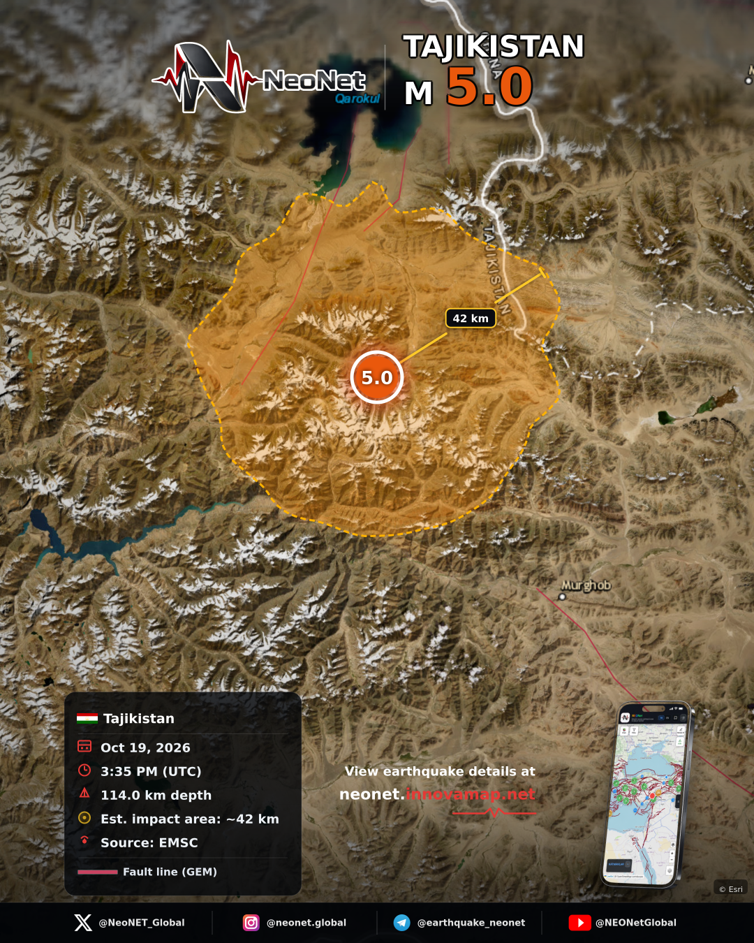 77 km WSW of Murghob, Tajikistan