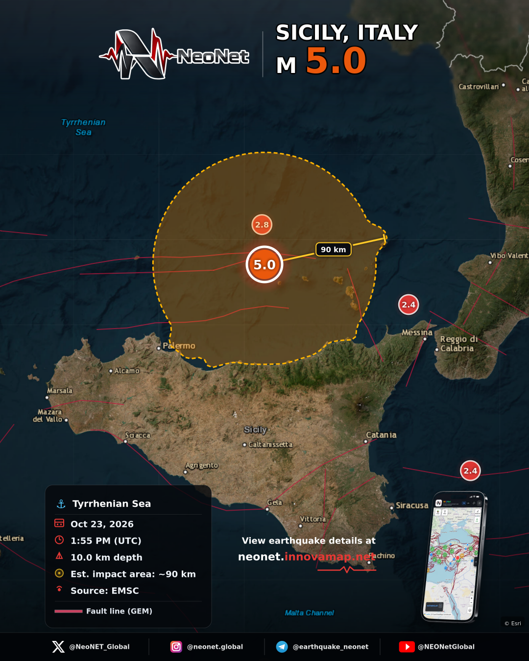 50 km WNW of Malfa, Italy