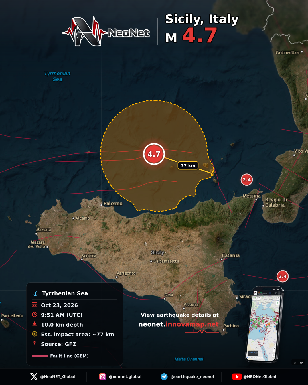 53 km WNW of Leni, Italy