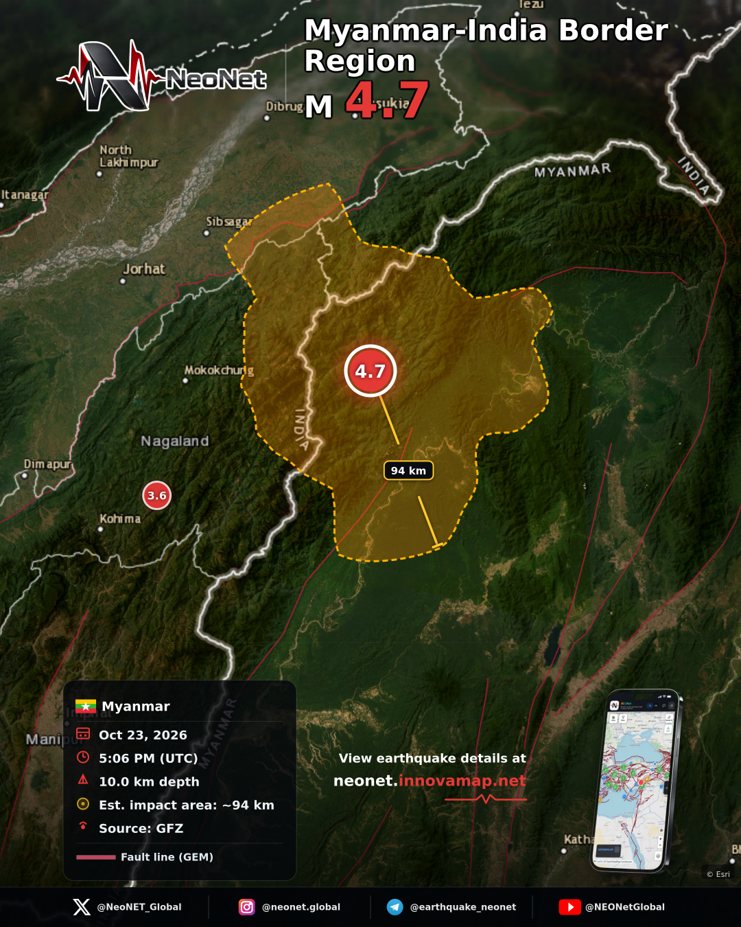 91 km ESE of Tuensang, India