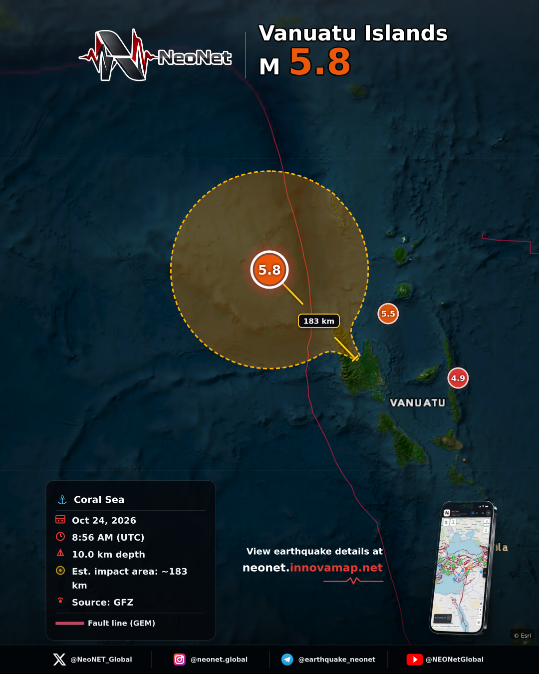 196 km NW of Port-Olry, Vanuatu