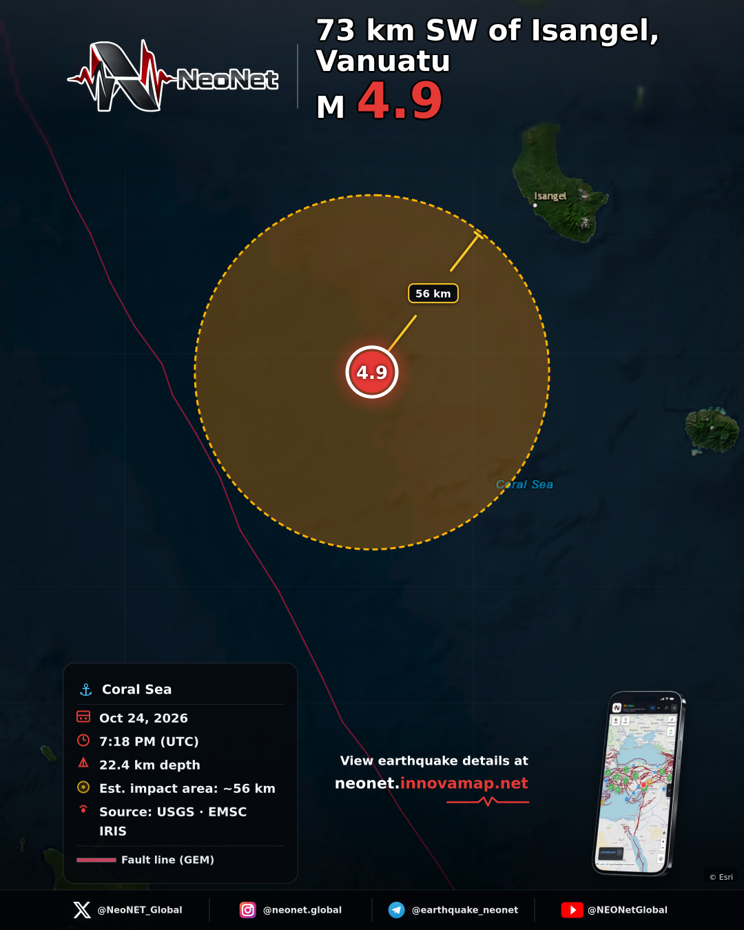 73 km SW of Isangel, Vanuatu