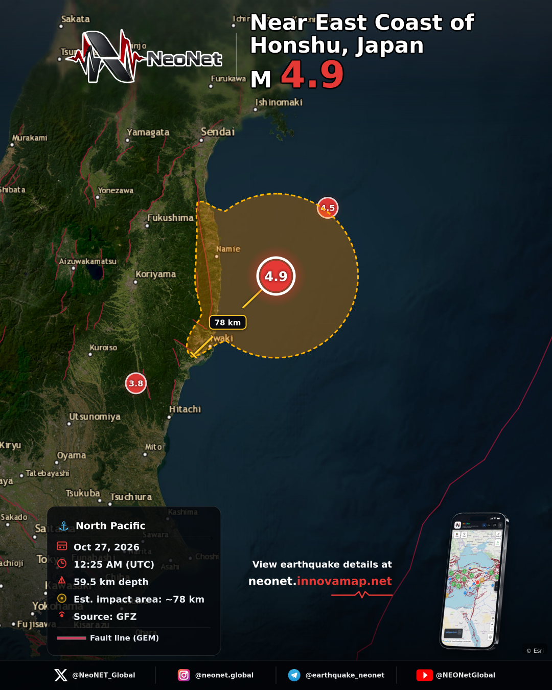 54 km E of Tomioka, Japan