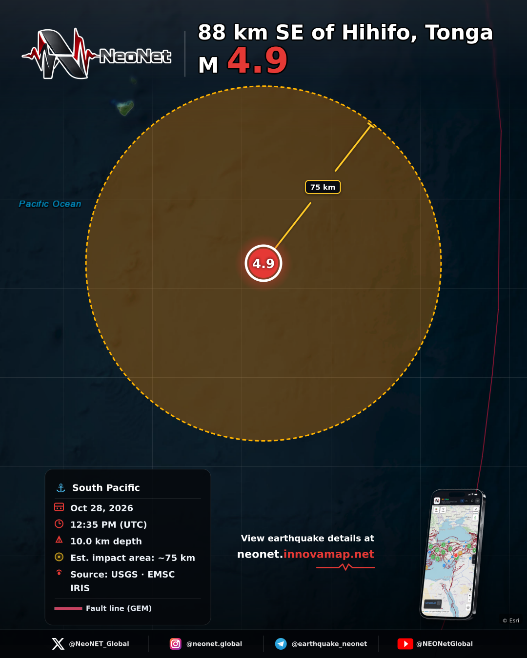 88 km SE of Hihifo, Tonga